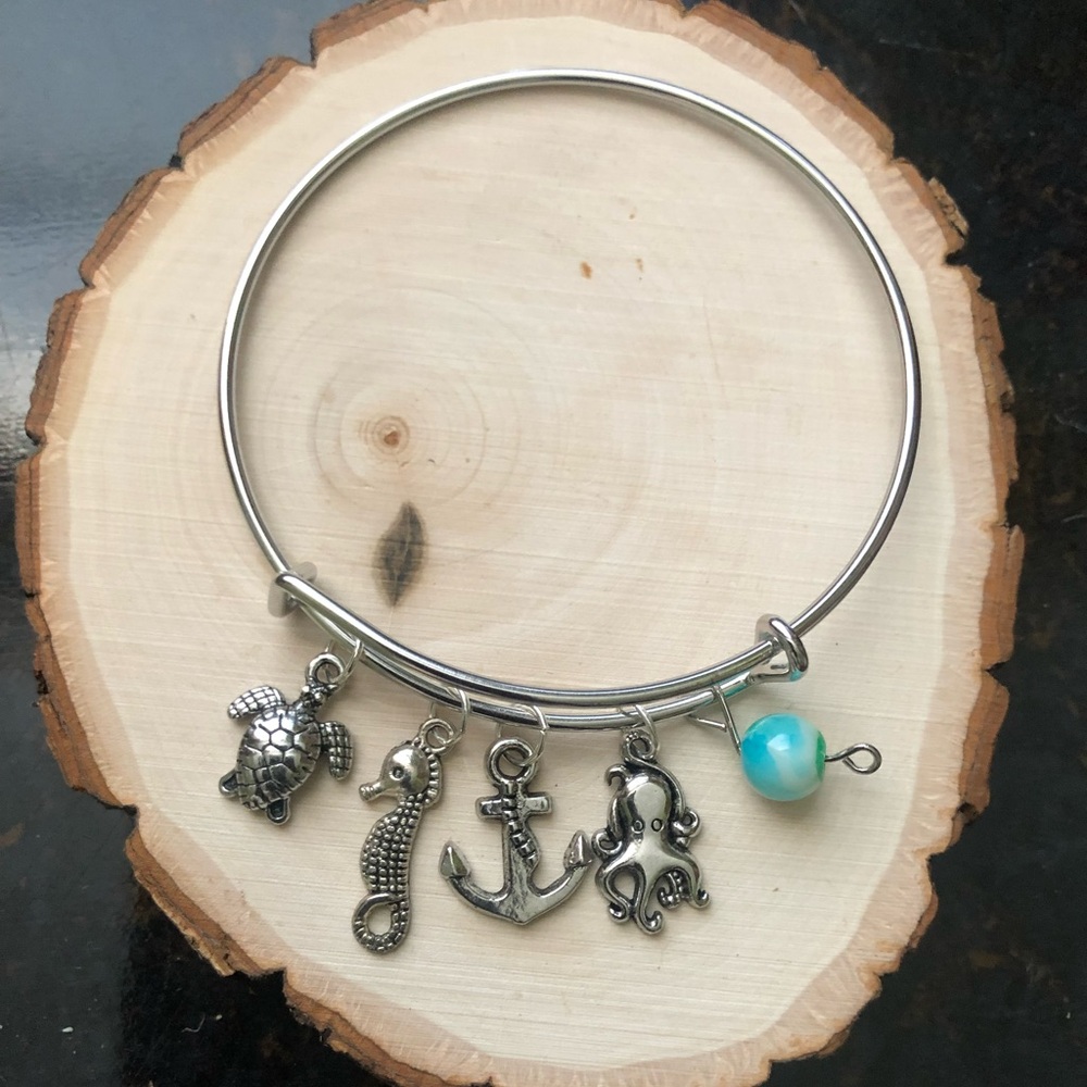 Silver bangle bracelet with beach charms | handmade nautical charm bracelet